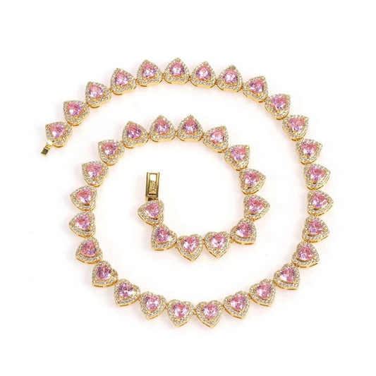 10mm pink heart shaped zircon gold plated necklace