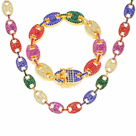 13mm Multi-Colors Pig Nose Link Chain Gold Plated Necklace and Bracelet