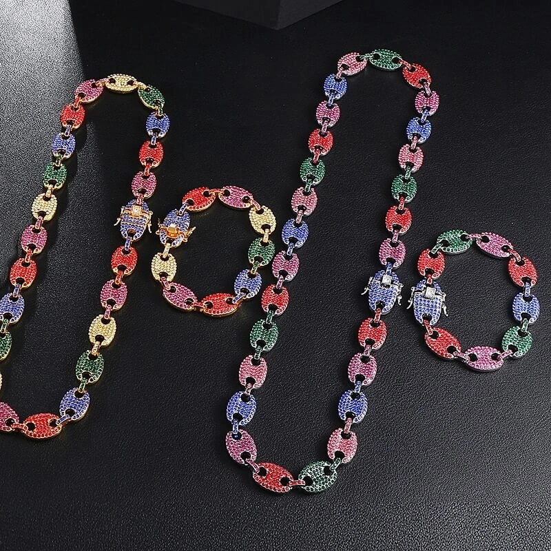 13mm Multi-Colors Pig Nose Link Chain Gold Plated Necklace and Bracelet